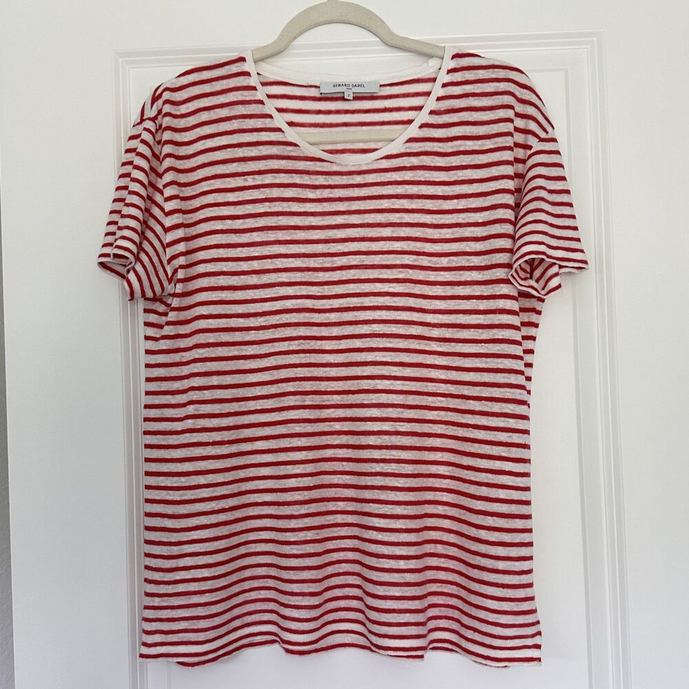 Gerard Darel Paris Linen Top Size 2 Red White Striped Short Sleeve Lightweight